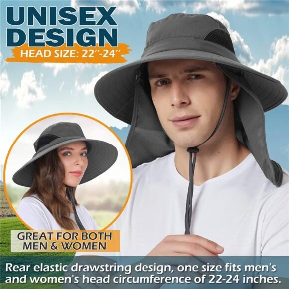 Fishing Hat with Neck Flap, UV Protection Wide Brim Sun Hat for Men Women - Picture 2 of 7